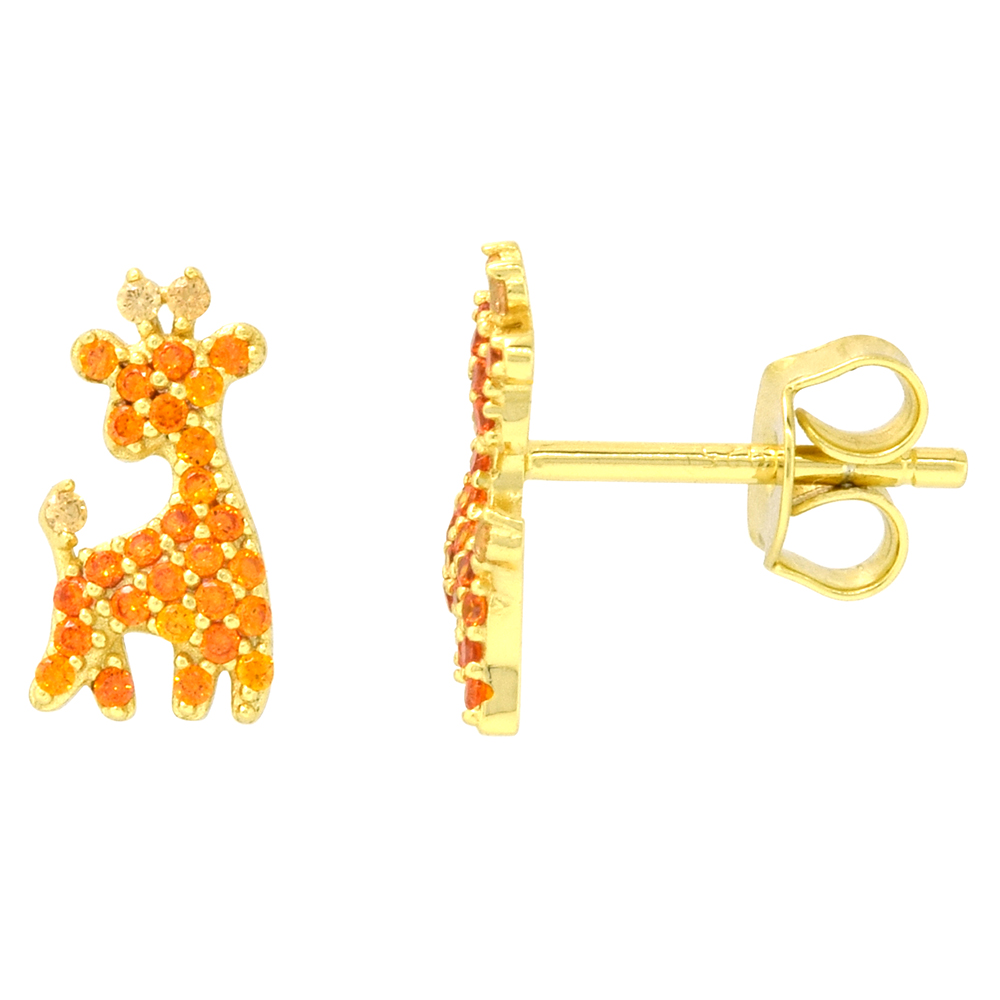 Dainty Sterling Silver Giraffe Earrings Studs Orange CZ Micropave Gold Plated  3/8 inch (11mm) long