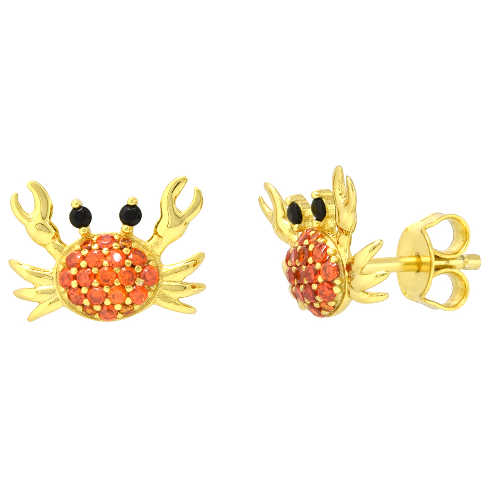 Dainty Sterling Silver Cancer Crab Earrings Studs Orange CZ Micropave Gold Plated  1/2 inch (13mm) wide