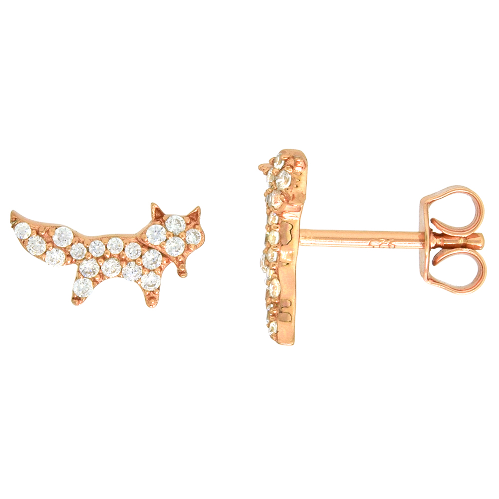 Dainty Sterling Silver Fox Earrings Studs White CZ Micropave Rose Gold Plated  1/2 inch (12mm) wide