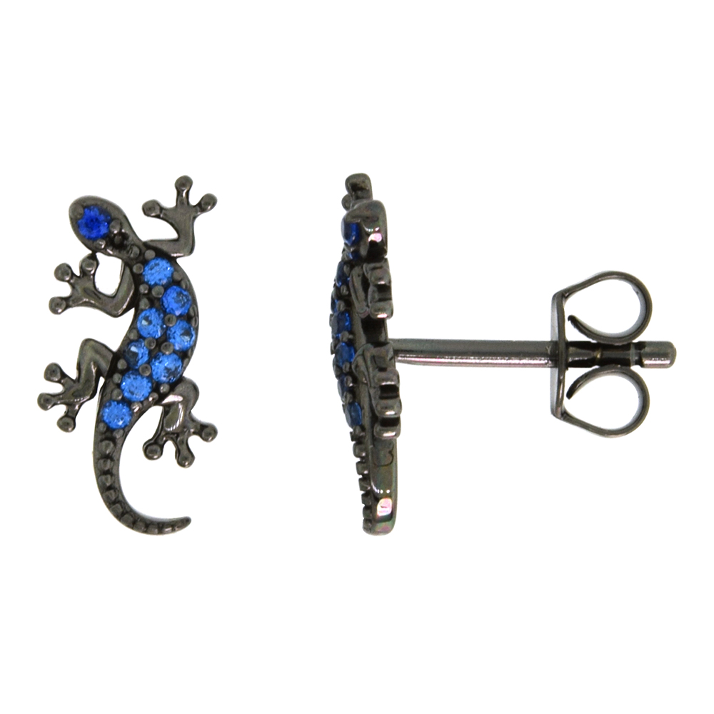 Dainty Sterling Silver Gecko Earrings Studs Blue CZ Micropave Black Rhhodium Plated  1/2 inch (14mm) wide