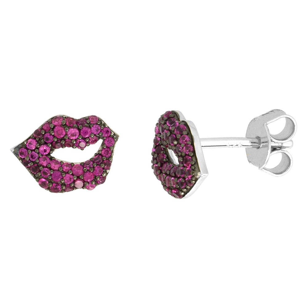 Dainty Sterling Silver Purple Lips Earrings Studs Violet CZ Micropave Rhodium Plated  3/8 inch (11mm) wide