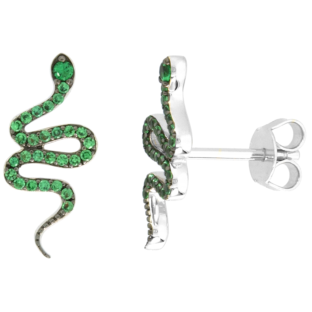 Dainty Sterling Silver Snake Earrings Studs Green CZ Micropave Rhodium Plated  3/4 inch (19mm) wide