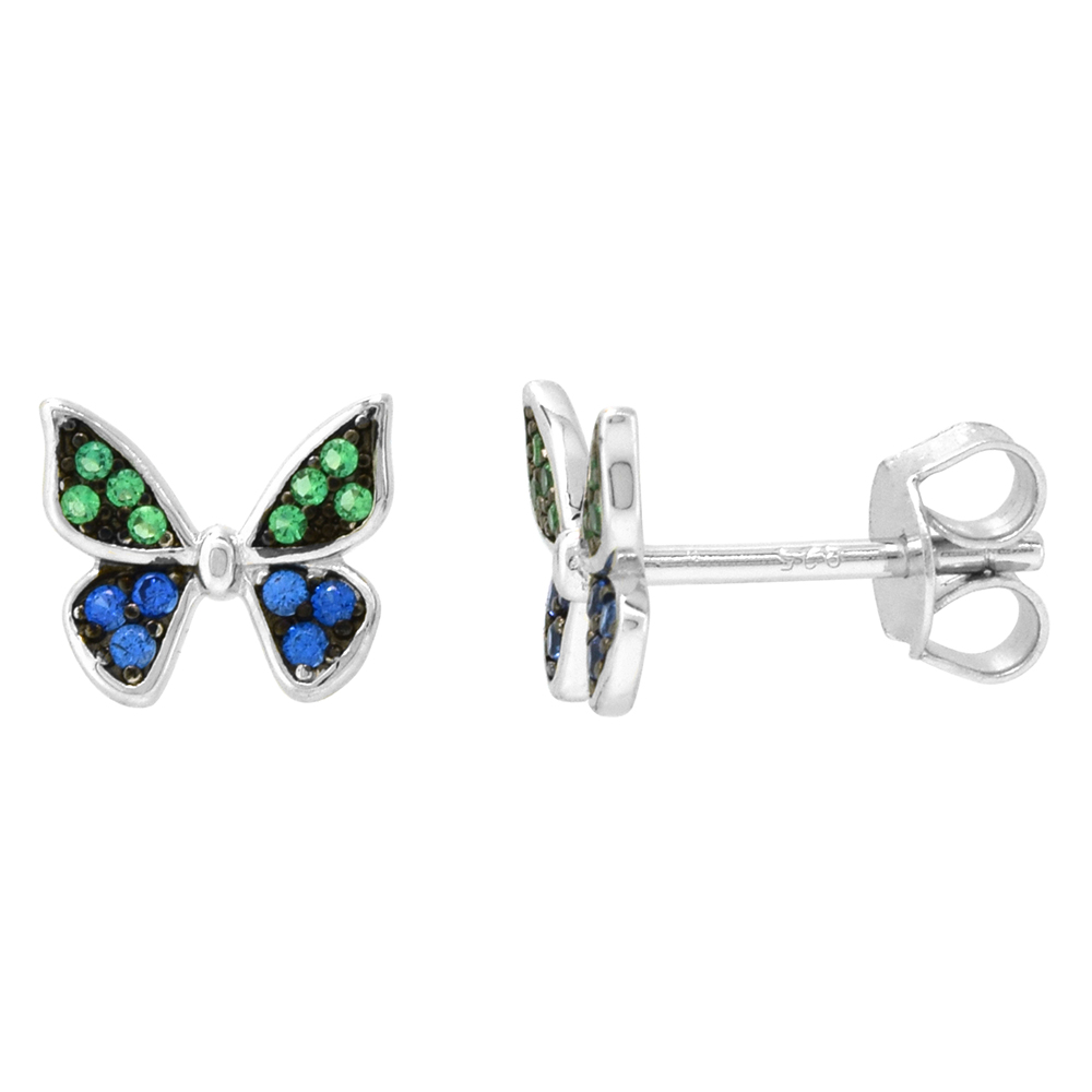 Dainty Sterling Silver Butterfly Earrings Studs Green and Blue CZ Micropave Rhodium Plated  3/8 inch (9mm) wide