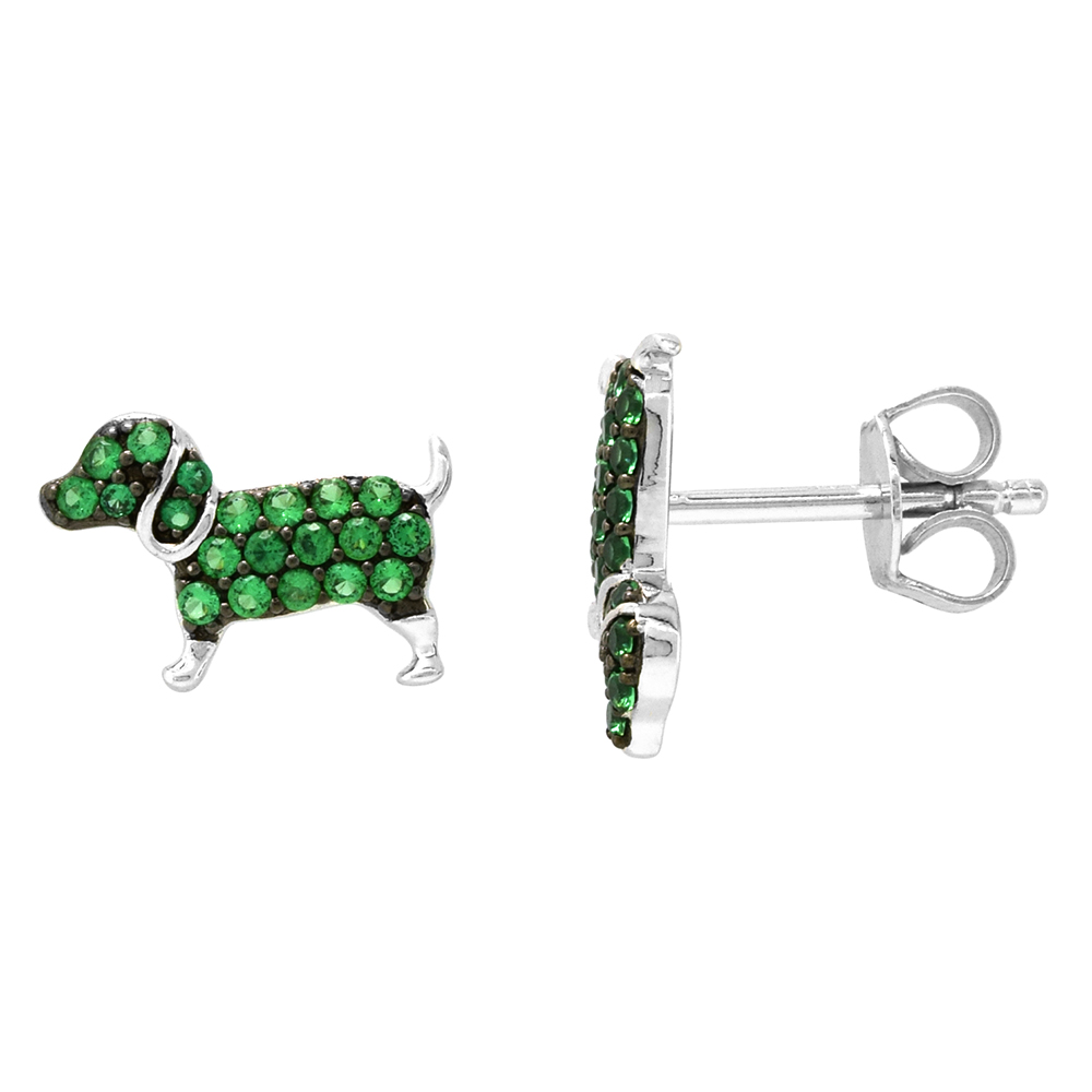 Dainty Sterling Silver Dog Earrings Studs Green CZ Micropave Rhodium Plated  1/2 inch (12mm) wide