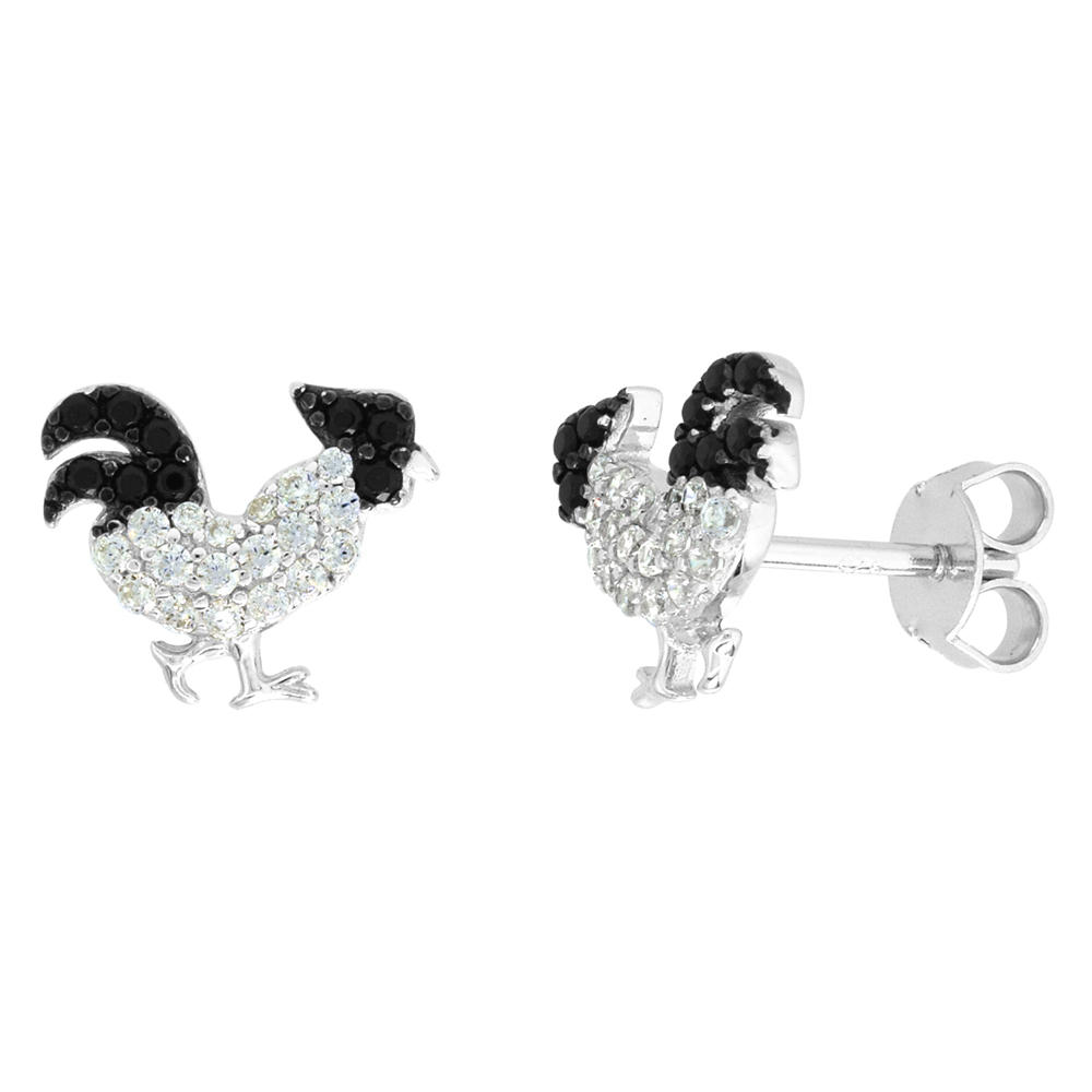 Dainty Sterling Silver Rooster Earrings Studs Black and White CZ Micropave Rhodium Plated  1/2 inch (13mm) wide