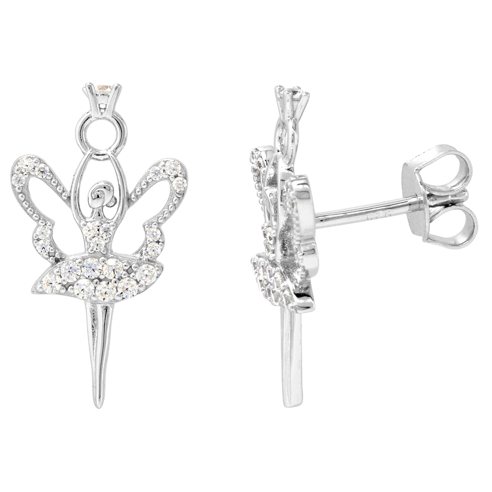 Dainty Sterling Silver Ballerina Earrings Studs White CZ Micropave Rhodium Plated  3/4 inch (20mm) long