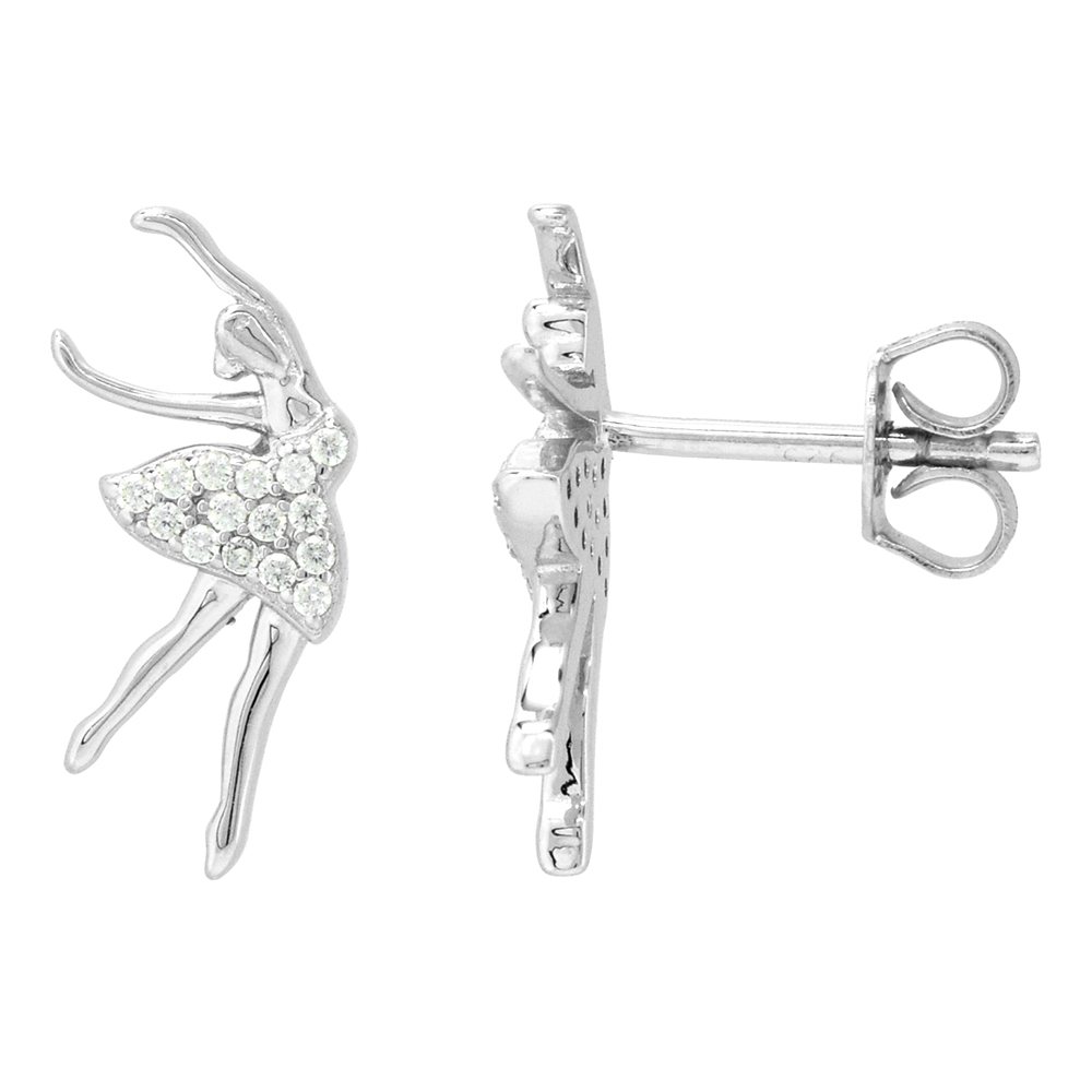 Dainty Sterling Silver Ballerina Earrings Studs White CZ Micropave Rhodium Plated  3/4 inch (18mm) long