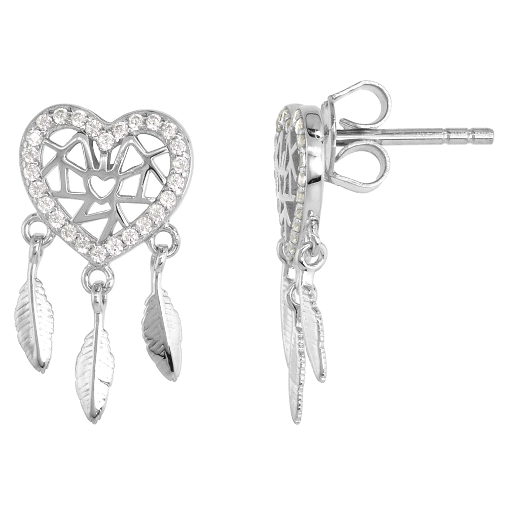 Dainty Sterling Silver Heart Dream Catcher Earrings Studs White CZ Micropave Rhodium Plated  3/4 inch (18mm) long