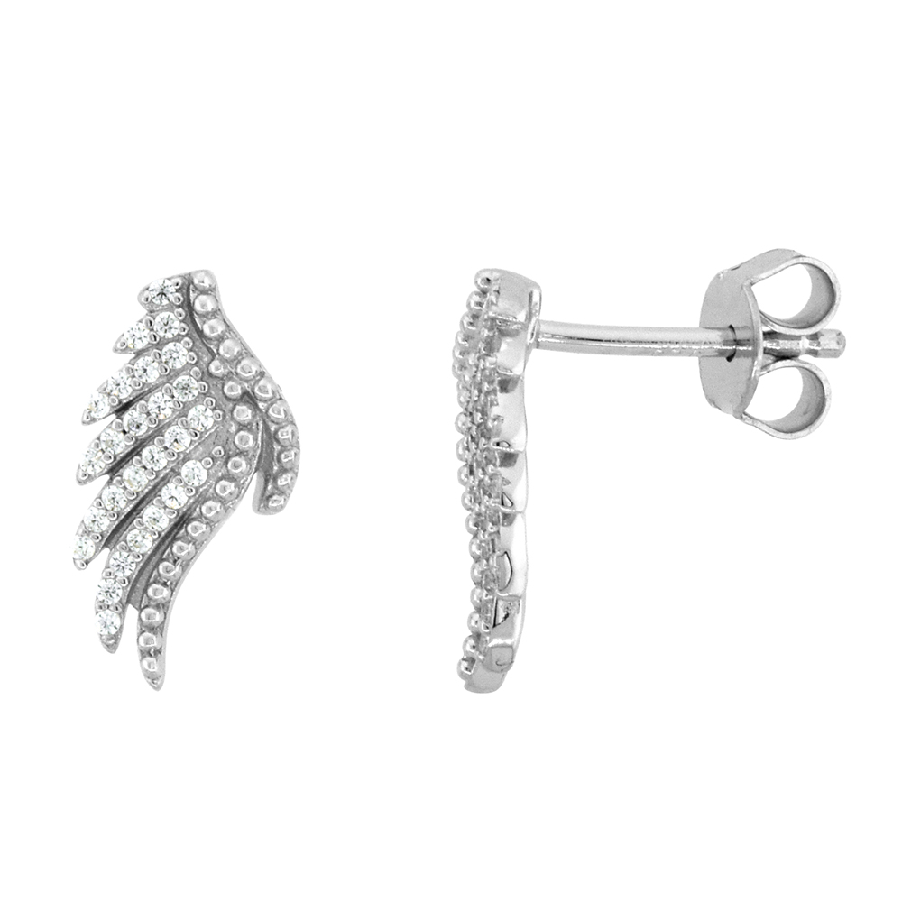 Sterling Silver Micropave CZ Angel Wings Stud Earrings Rhodium Finish 5/8 inch
