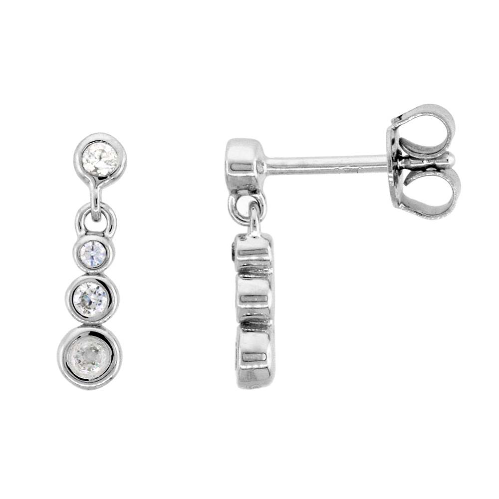 Dainty Sterling Silver CZ Station earrings for Women Bezel Set Rhodium Finish 5/8 inch