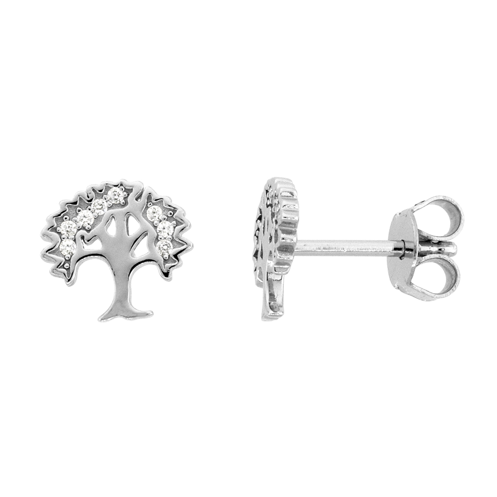 TINY STERLING SILVER CUBIC ZIRCONIA TREE OF LIFE STUD EARRINGS MICROPAVE RHODIUM FINISH 3/8 INCH