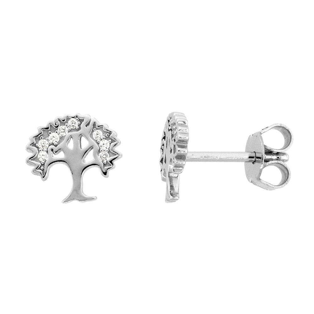 Tiny Sterling Silver Cubic Zirconia Tree of Life Stud Earrings Micropave Rhodium Finish 3/8 inch
