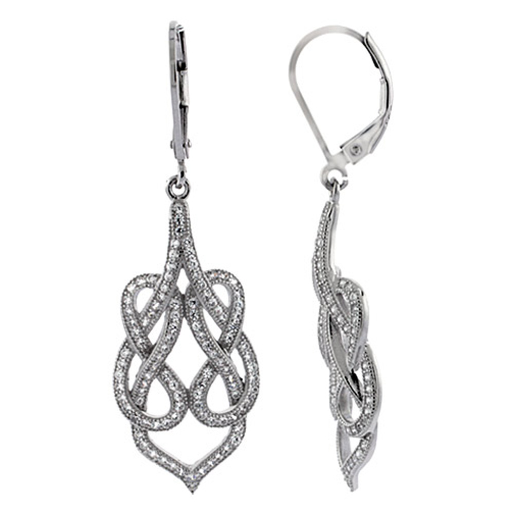 Sterling Silver Double Infinity Dangling CZ Earrings Micro Pave, 1 1/4 inch long