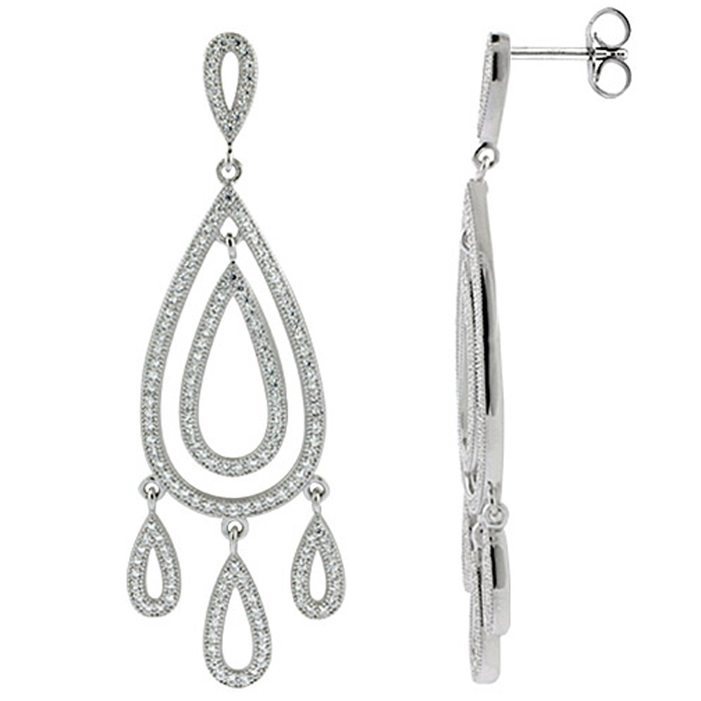 Sterling Silver Double Oval Girandole CZ Earrings Micro Pave, 2 1/4 inch long