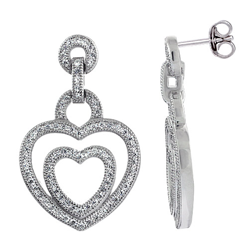 Sterling Silver Double Heart Dangling Post CZ Earrings Micro Pave, 1 inch long