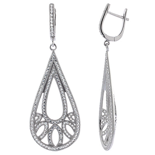 Sterling Silver Pear Shape Concave Dangling CZ Earrings Micro Pave, 2 inches long