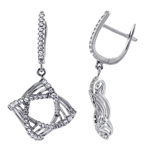 Sterling Silver Square Ribbed Dangling CZ Earrings Micro Pave, 1 1/4 inch long