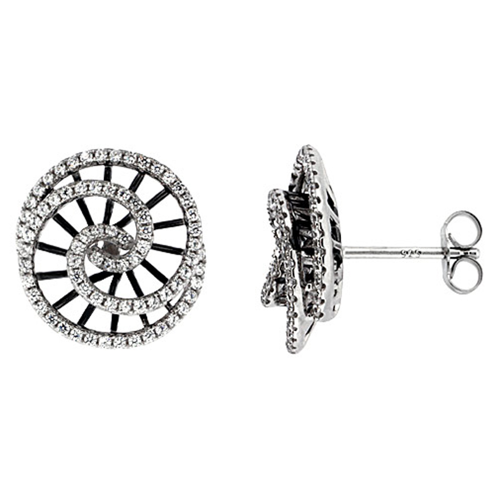 Sterling Silver Round Swirl Post CZ Earrings Micro Pave Ribbed, 11/16 inch long