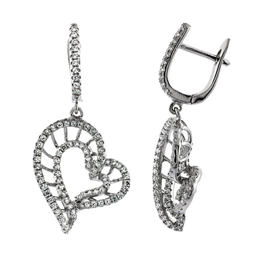 Sterling Silver Heart Tilted Dangling Post CZ Earrings Micro Pave Ribbed, 1 5/16 inch long