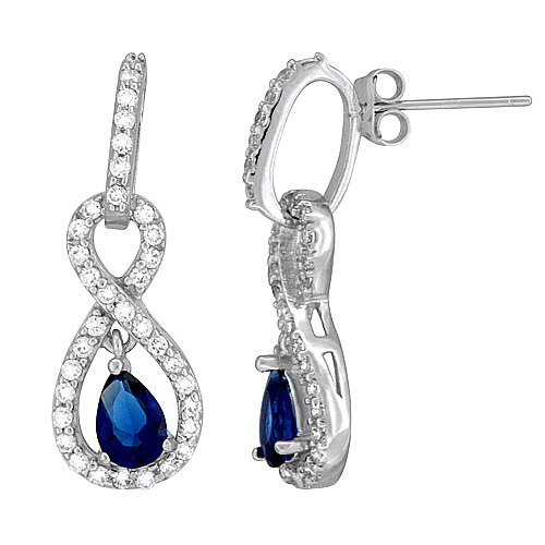 Sterling Silver Infinity Blue Sapphire &amp; CZ Earrings Micro Pave, 1 5/32 inch long