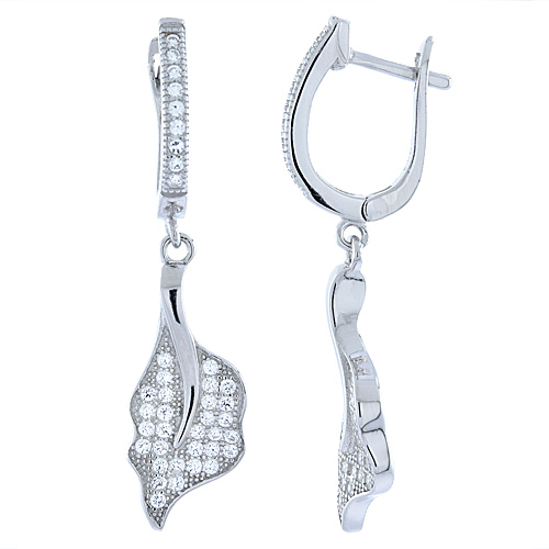 Sterling Silver Micro Pave CZ Dangling Leaf Lever Back Earrings, 1 13/32 inch long