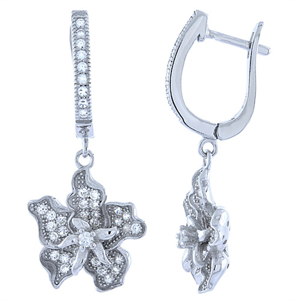 Sterling Silver Micro Pave CZ Dangling Orchid Lever Back Earrings, 1 3/16 inch long