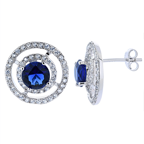 Sterling Silver Micro Pave CZ Stud Earrings with Round Blue Sapphire, 9/16 inch in diameter