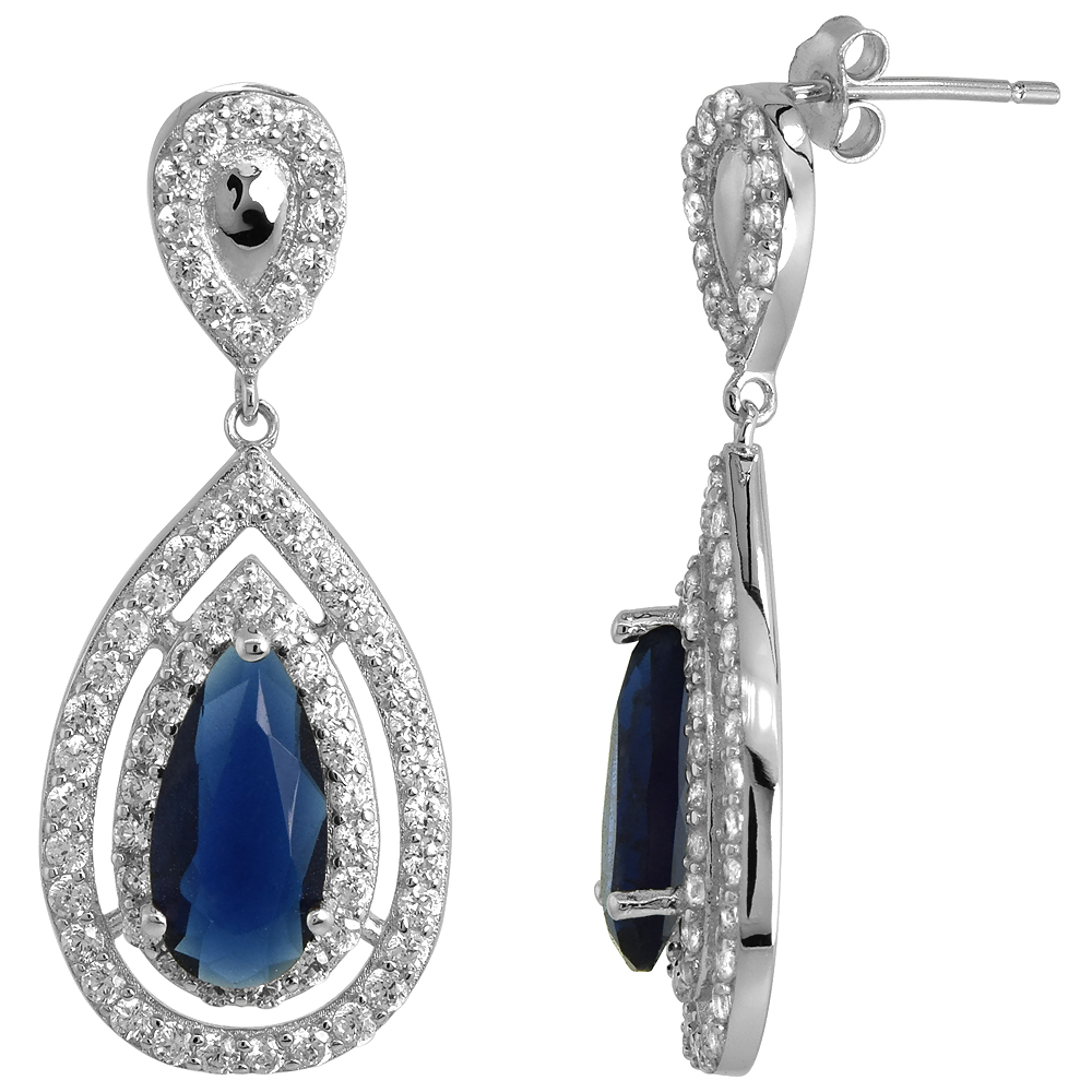 STERLING SILVER MICRO PAVE CZ STUD EARRINGS WITH TEARDROP BLUE SAPPHIRE, 1 3/16 INCH LONG