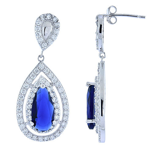 Sterling Silver Micro Pave CZ Stud Earrings with Teardrop Blue Sapphire, 1 3/16 inch long