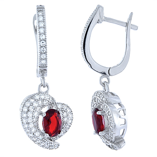 Sterling Silver Micro Pave CZ Dangling Heart Lever Back Earrings with Garnet, 1 3/16 inch long