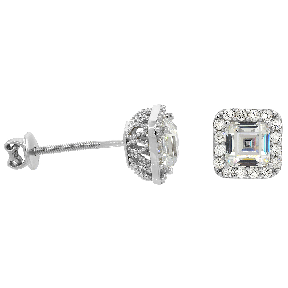Sterling Silver Cubic Zirconia Princess cut 0.75ct (5mm) Halo Screw back Post Earrings Rhodium Finish