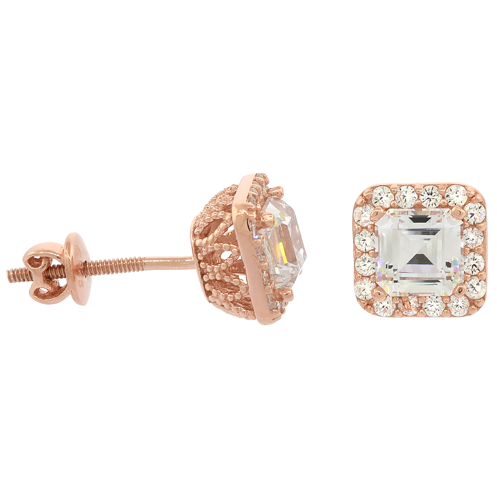 Sterling Silver Cubic Zirconia Princess cut 0.75ct (5mm) Halo Screw back Post Earrings Rose Gold Plated