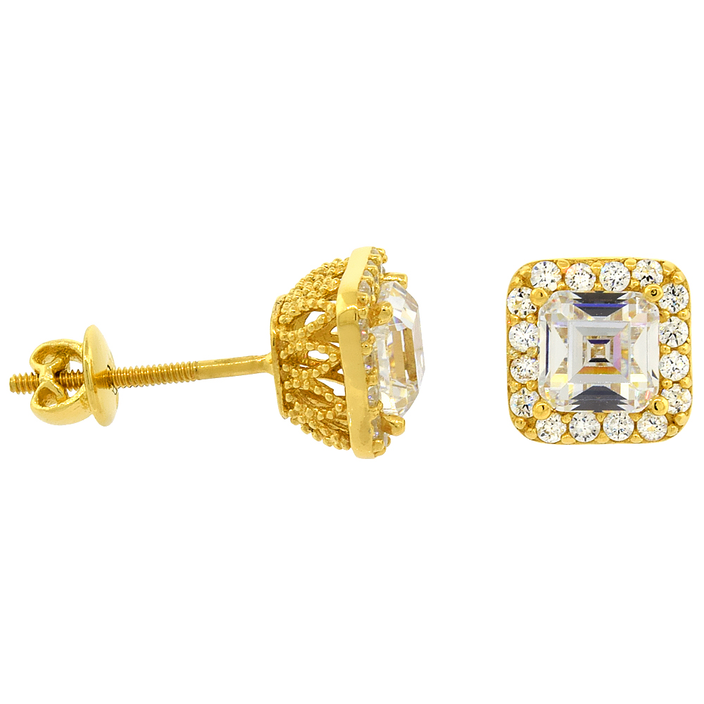 Sterling Silver Cubic Zirconia Princess cut 0.75ct (5mm) Halo Screw back Post Earrings Yellow Gold Plated