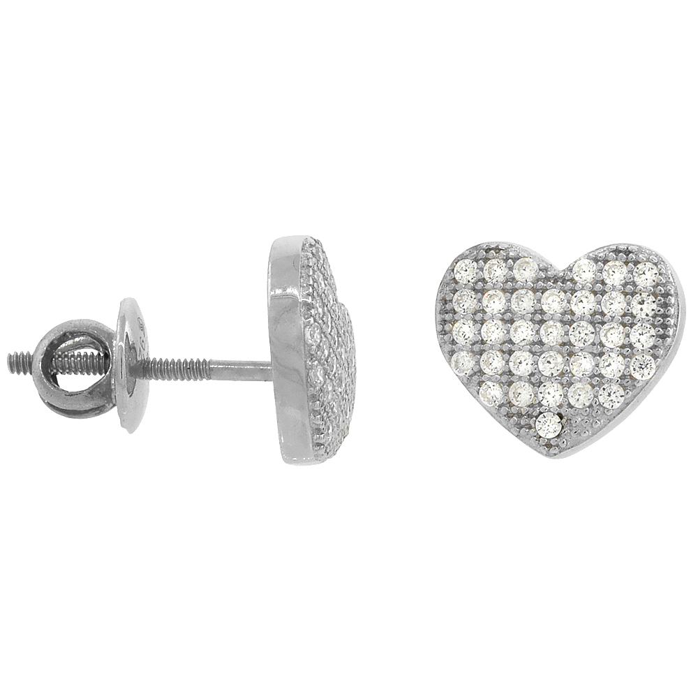 Sterling Silver Micro Pave Cubic Zirconia Heart Screw back Post Earrings Rhodium Finish