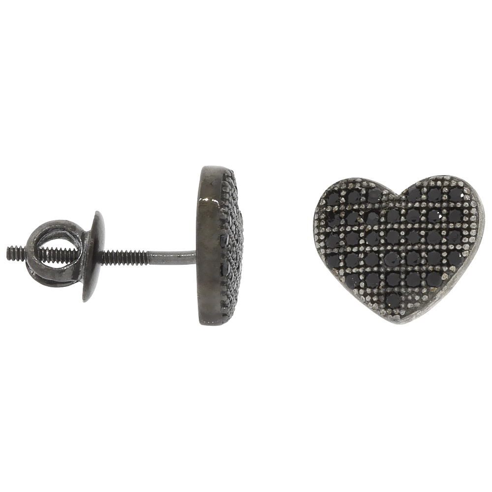 Sterling Silver Micro Pave Cubic Zirconia Heart Screw back Post Earrings Black Rhodium Finish
