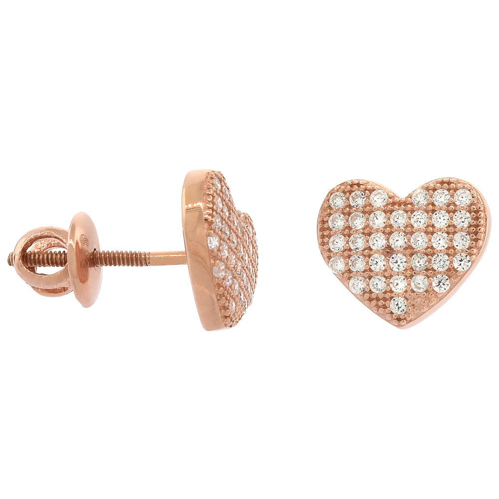 Sterling Silver Micro Pave Cubic Zirconia Heart Screw back Post Earrings Rose Gold Plated