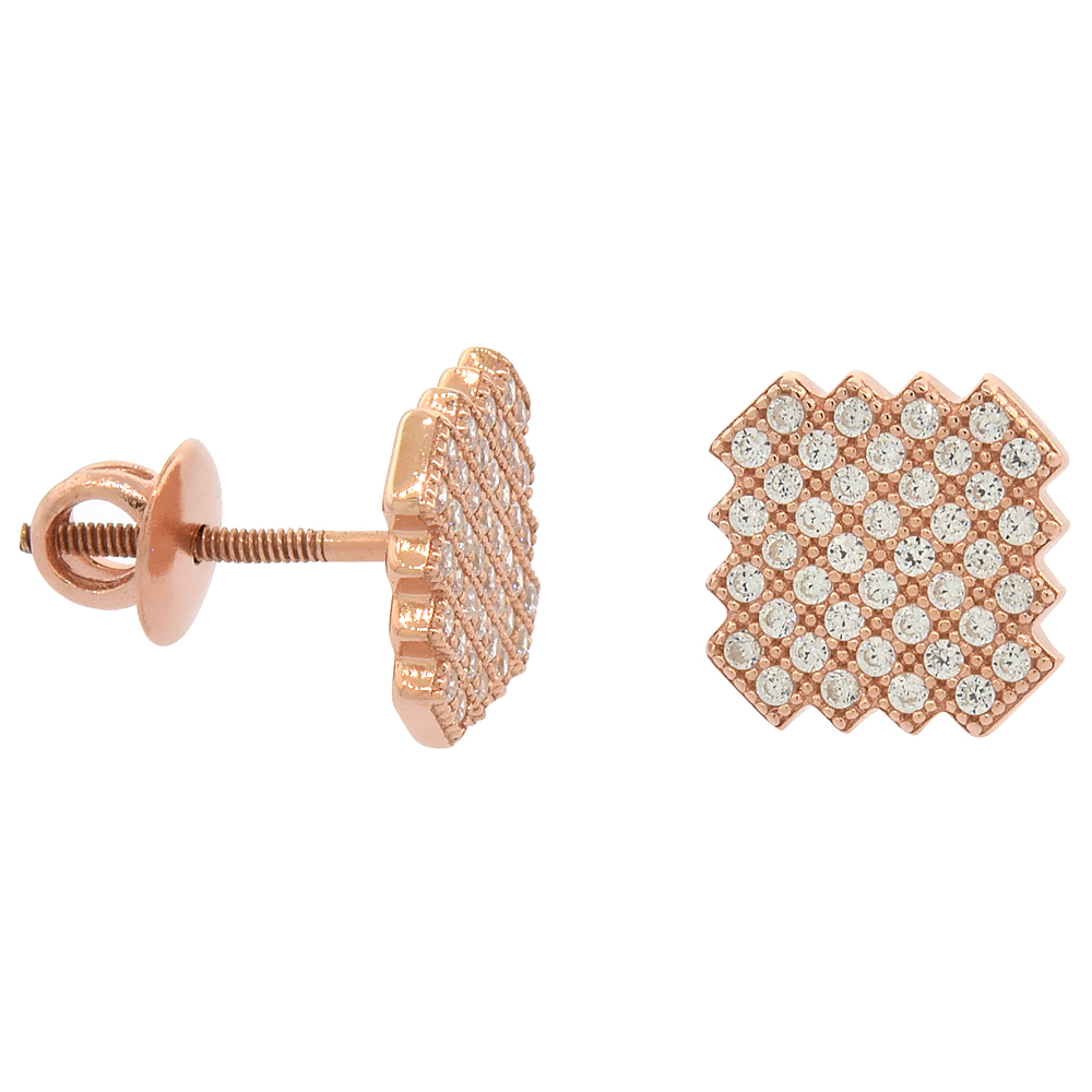 Sterling Silver Micro Pave Cubic Zirconia Jagged Square Screw back Post Earrings Rose Gold Plated