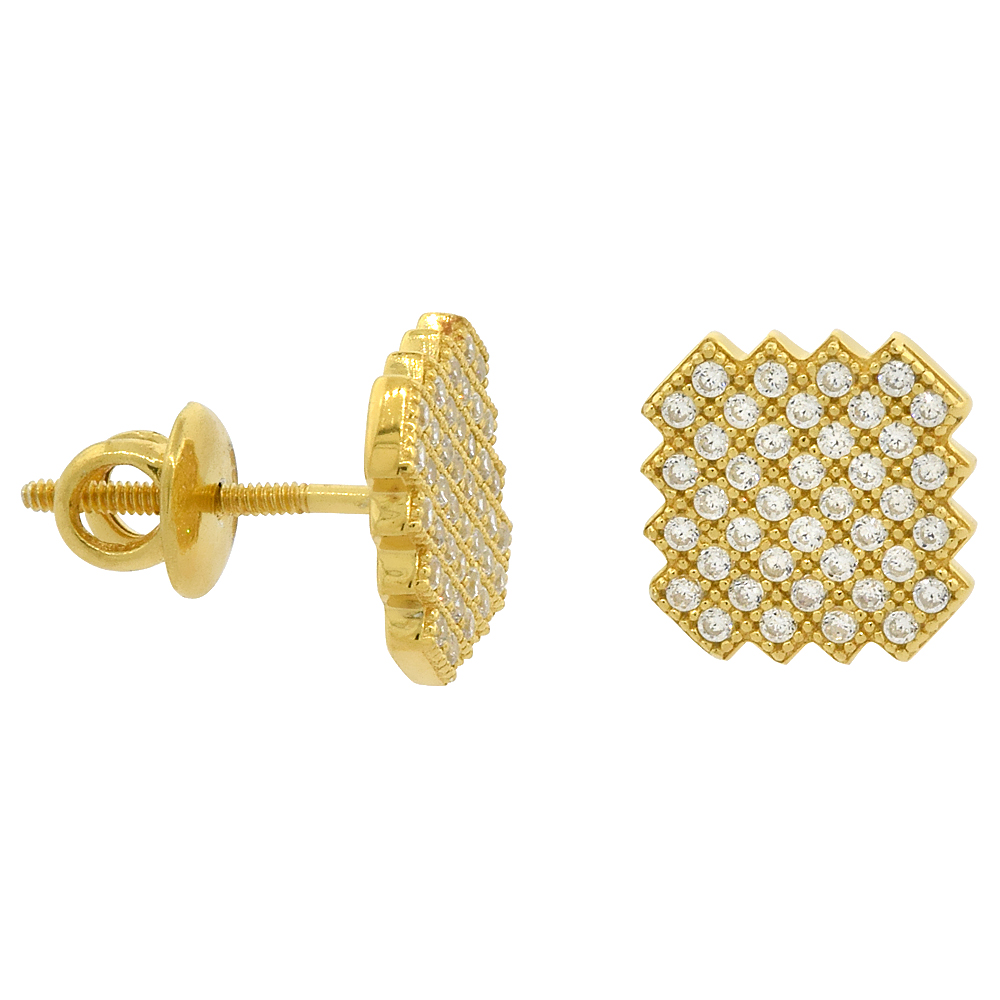 Sterling Silver Micro Pave Cubic Zirconia Jagged Square Screw back Post Earrings Yellow Gold Plated