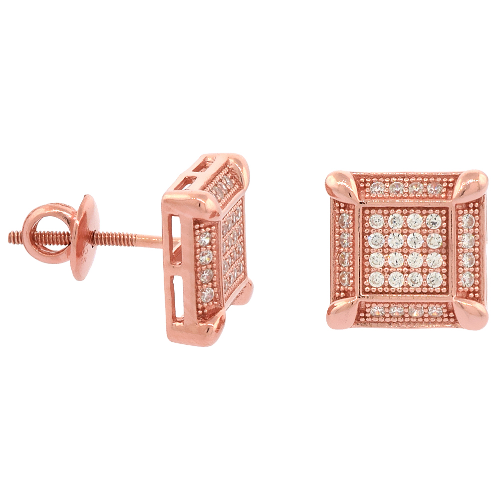 Sterling Silver Micro Pave Cubic Zirconia Prong Set Square Screw back Post Earrings Rose Gold Plated
