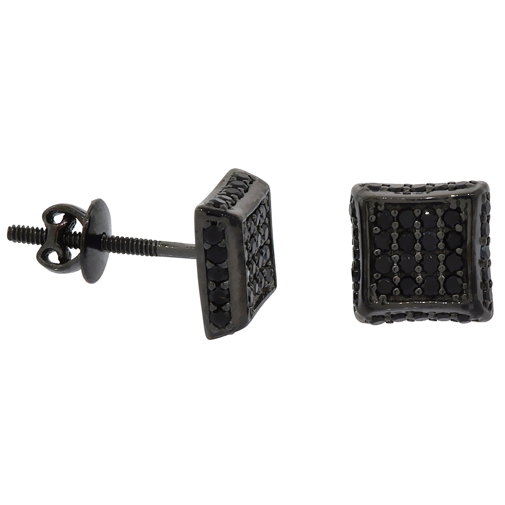 Sterling Silver Micro Pave Cubic Zirconia 2-D Square Screw back Post Earrings Black Rhodium Finish