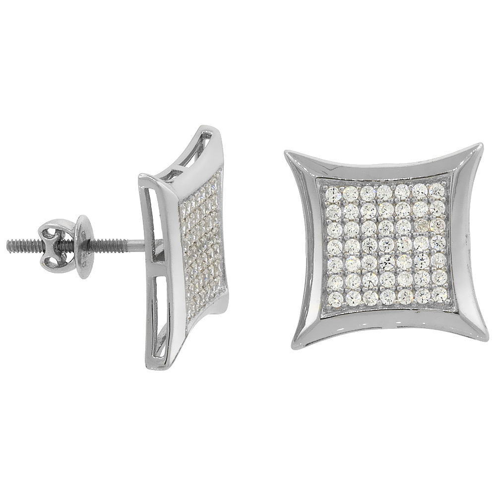 Sterling Silver Micro Pave Cubic Zirconia Curvy Square Screw back Post Earrings Rhodium Finish