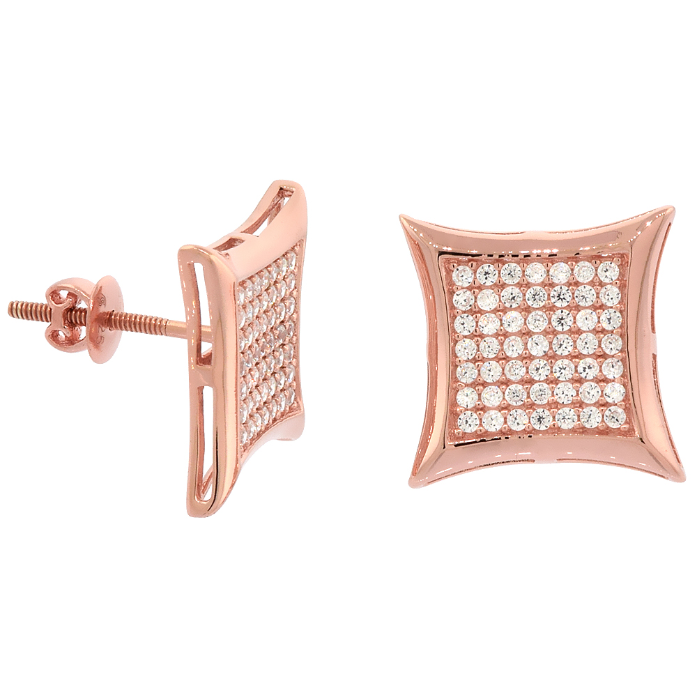 Sterling Silver Micro Pave Cubic Zirconia Curvy Square Screw back Post Earrings Rose Gold Plated