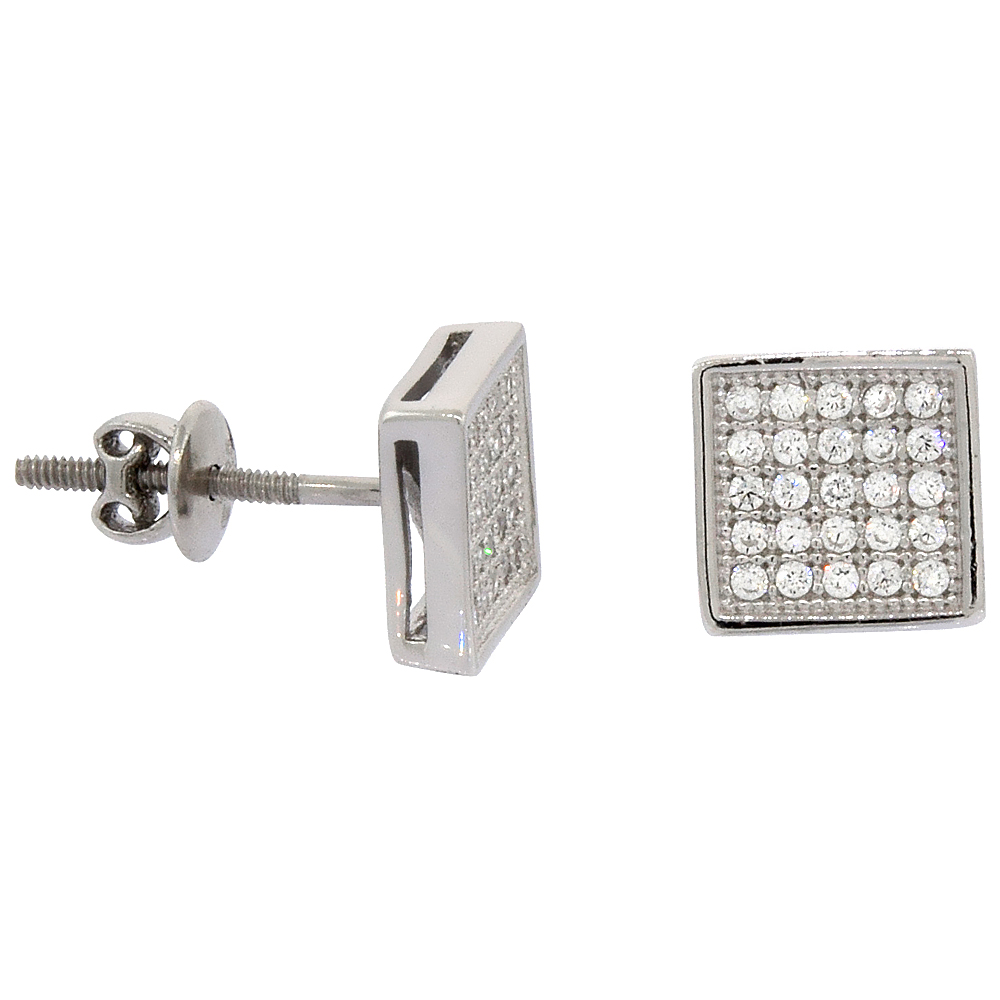 Sterling Silver Micro Pave Cubic Zirconia Small Square Screw back Post Earrings Rhodium Finish