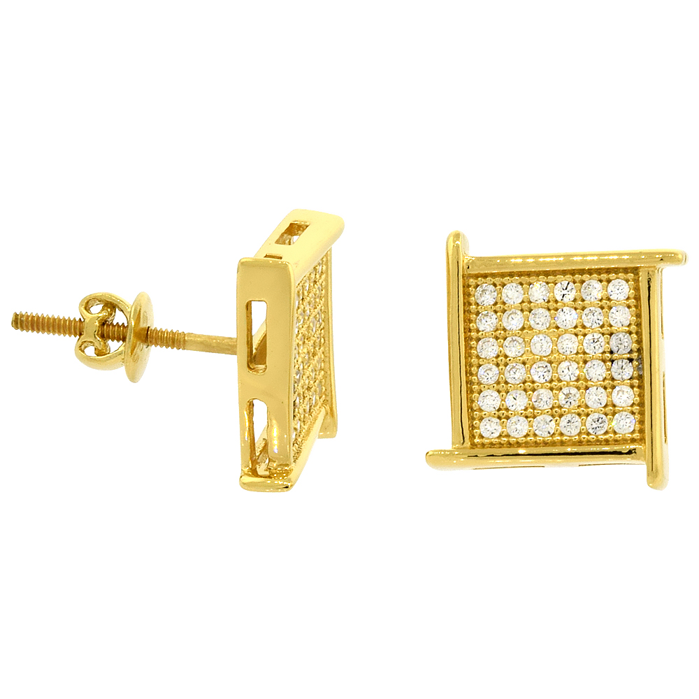 Sterling Silver Micro Pave Cubic Zirconia Square Grid Screw back Post Earrings Yellow Gold Plated