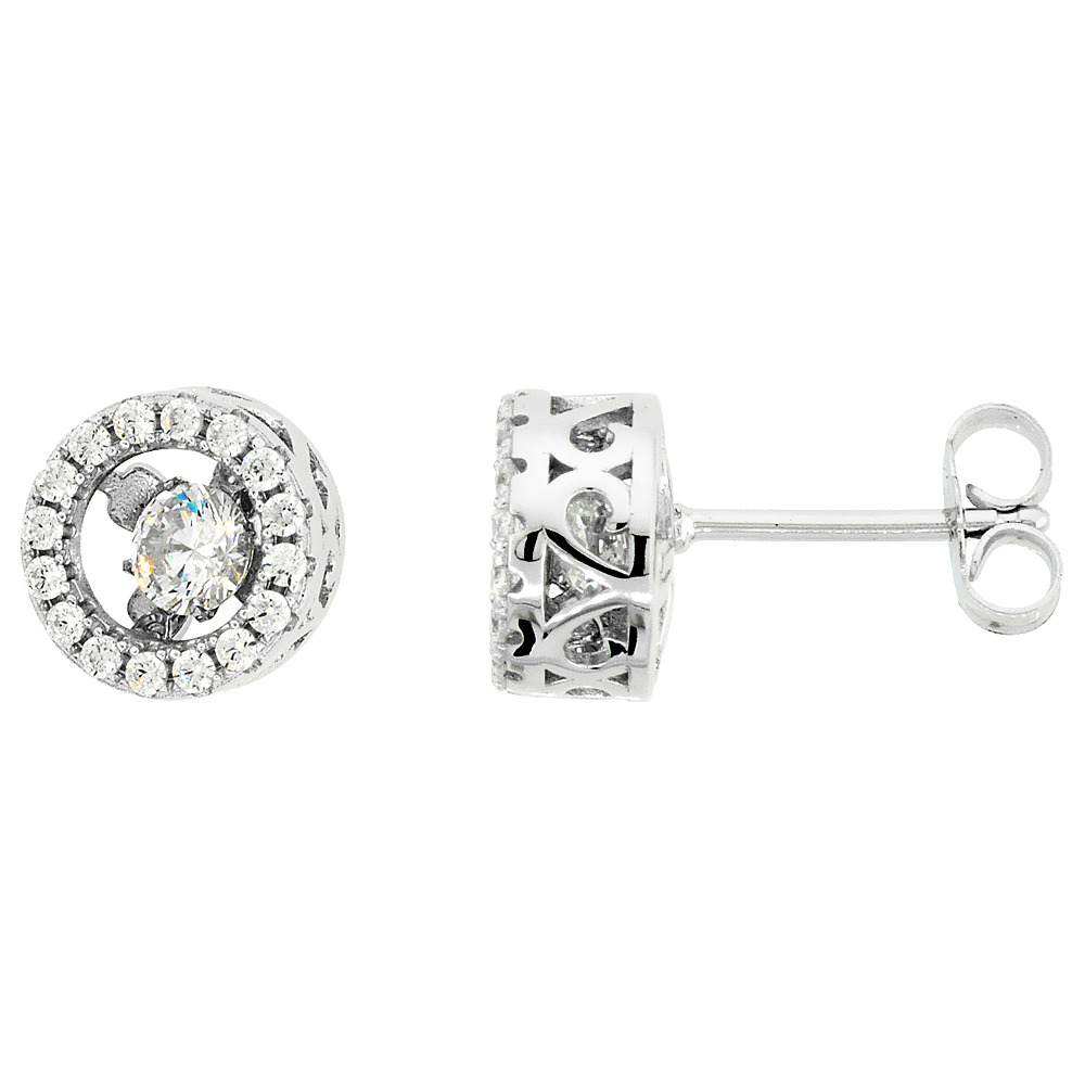 Sterling Silver Dancing CZ Round Halo Stud Earrings, 3/8 inch wide