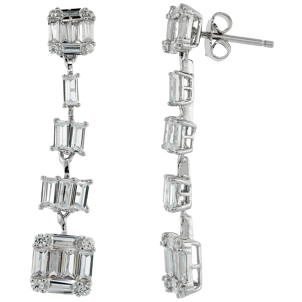 Sterling Silver Cubic Zirconia Graduating Baguette Dangle Earrings, 5/16 inch wide
