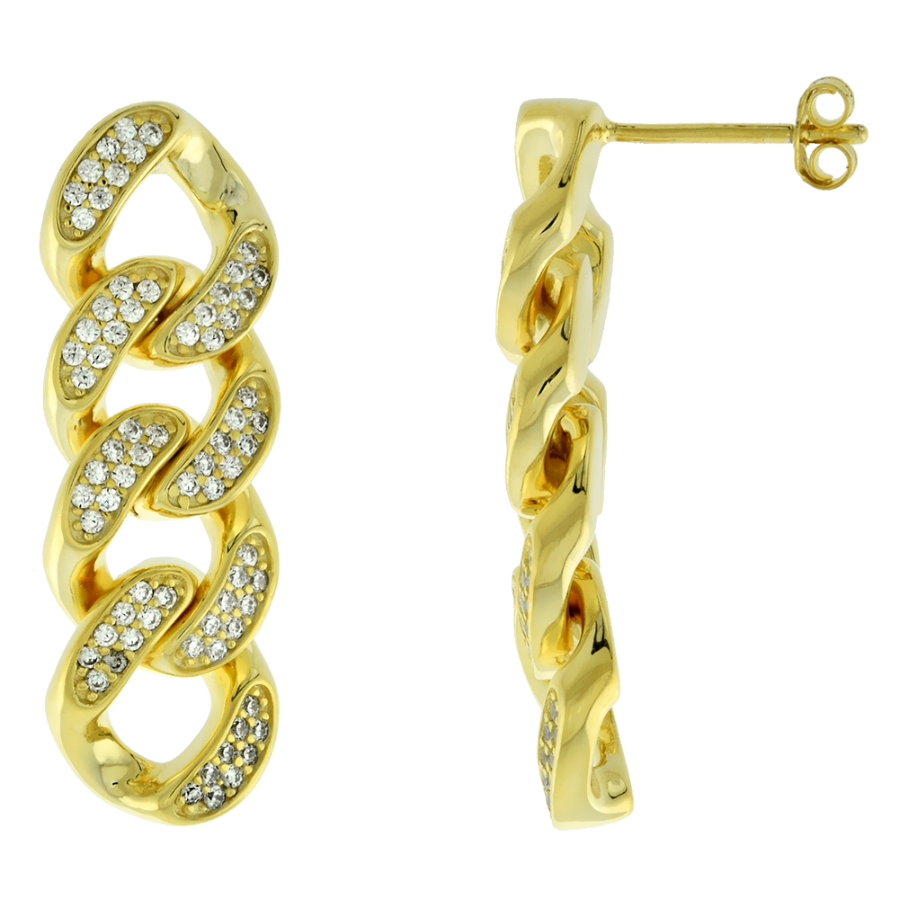 1.25 inch Long Gold Plated Sterling Silver Pave CZ Link Chain Earrings for Women Post Drop 3/8 (10mm) wide