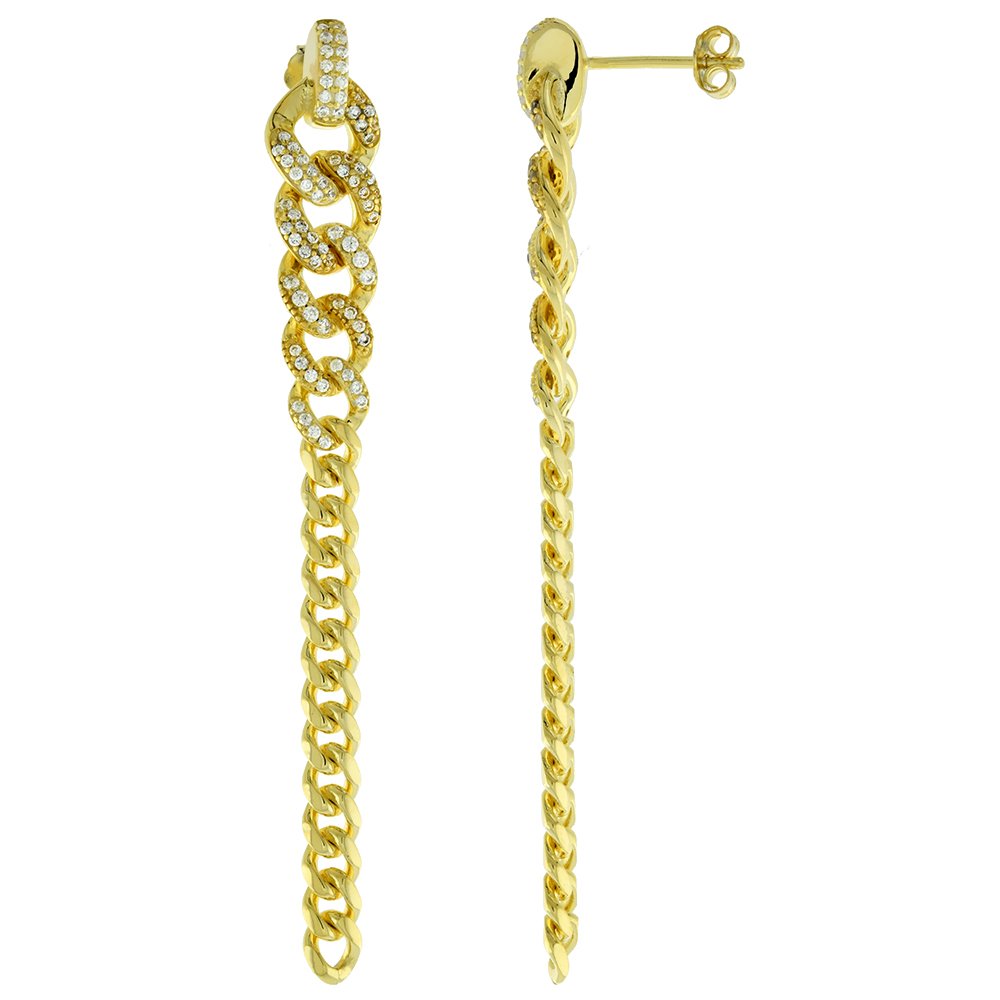 2.25 inch long Gold Plated Sterling Silver Pave CZ Link Chain Earrings for Women Graduated Post Drop 5/16 (8mm) wide