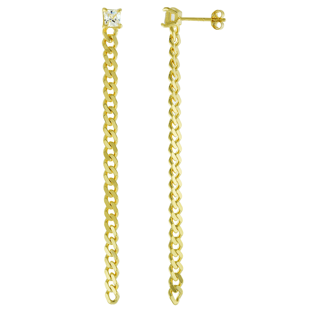 2.5 inch Long Thin Gold Plated Sterling Silver Link Chain Earrings for Women 4mm Square CZ Post