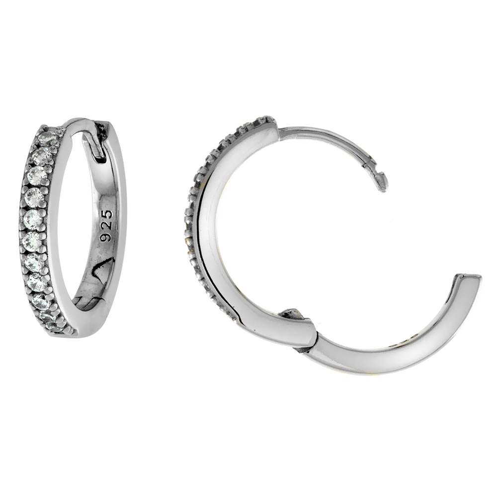 3/8 inch Rhodium Plated Sterling Silver Pave CZ 15mm Huggie Hinged Hoop Earrings for Women and Men 2mm thin
